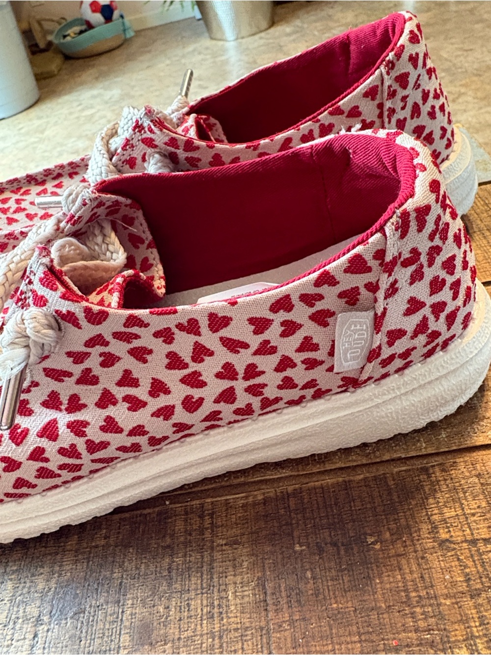 Hey Dude Woman’s size 7 Heart-Print Slip Ons in Red and White - Picture 2 of 15